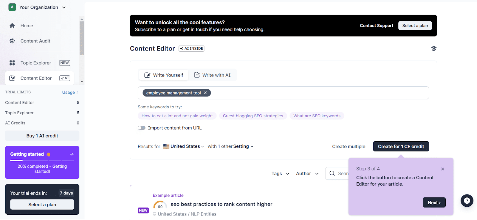 Overview of the Content Editor on SurferSEO.