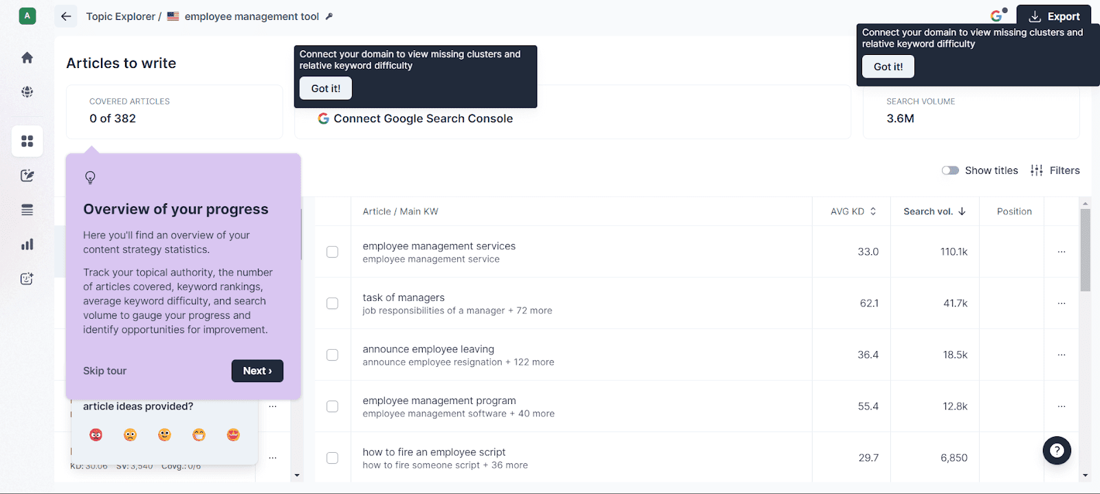 Using Surfer's Topic Explorer to create a content plan.