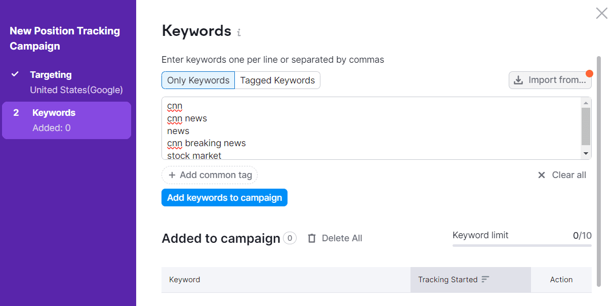 Creating a list of keywords for a tracking campaign.