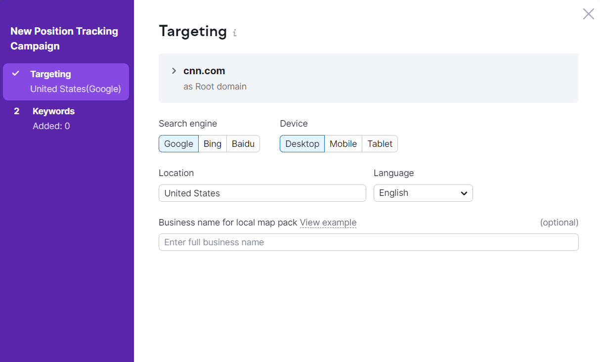 Adjusting domain settings for a keyword tracking campaign.