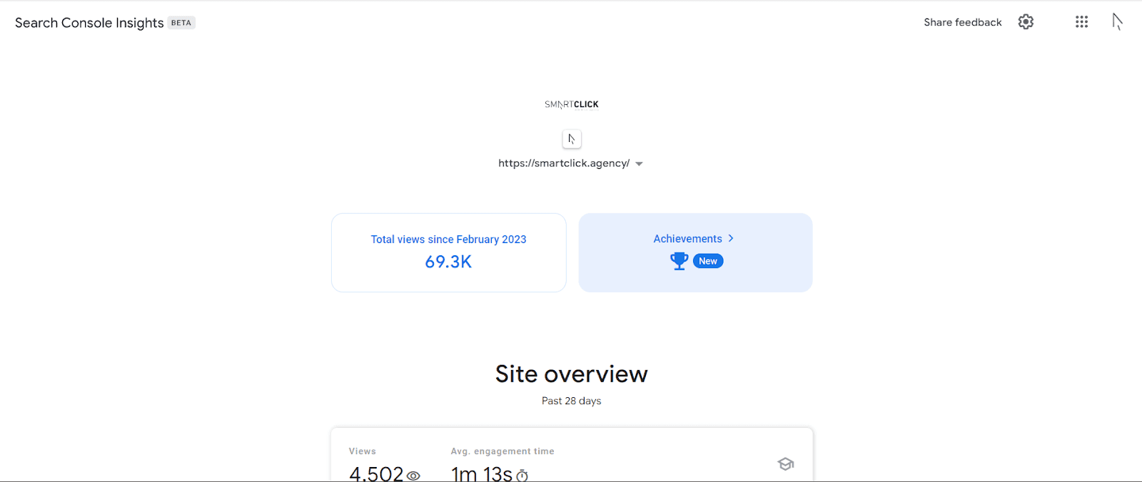 Search Console Insights presenting 
a general site overview.