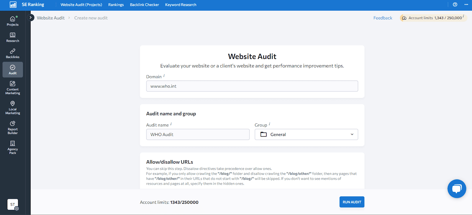 Overview of a website audit on SE Ranking.