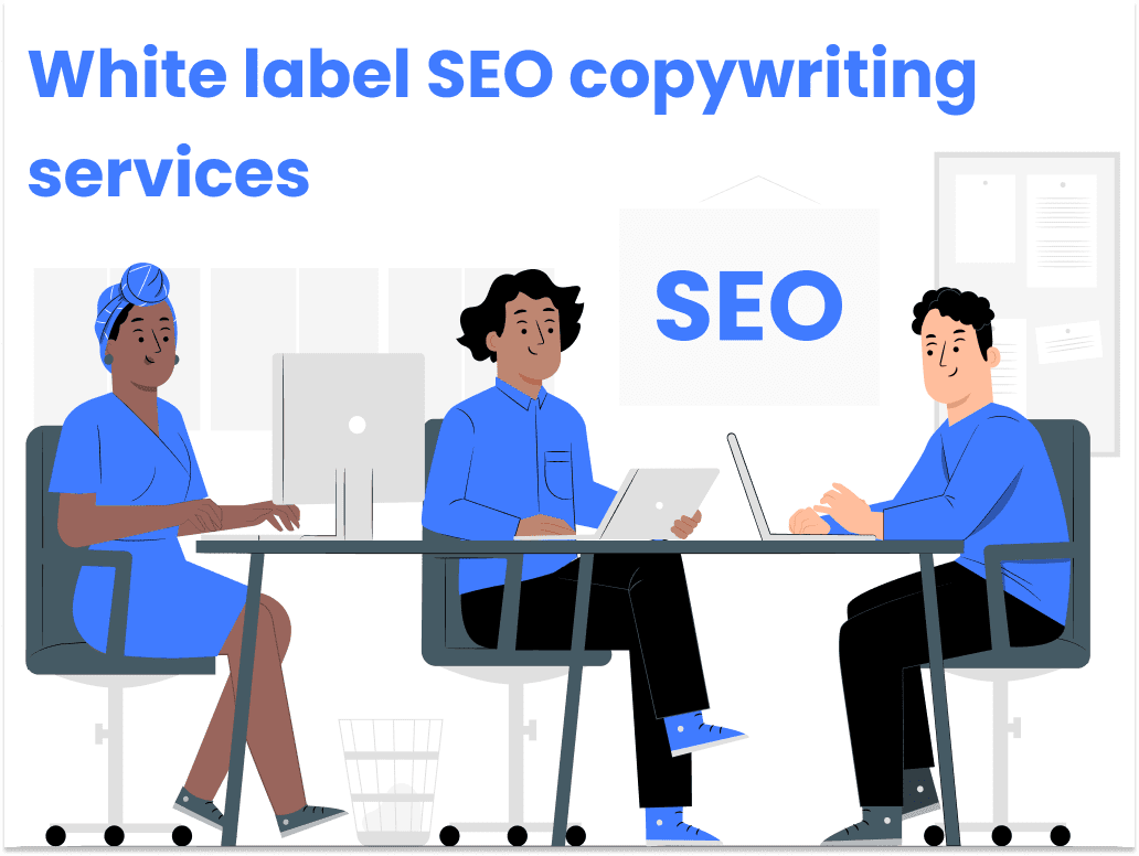 white label seo copywriting team illustration working on a seo copy