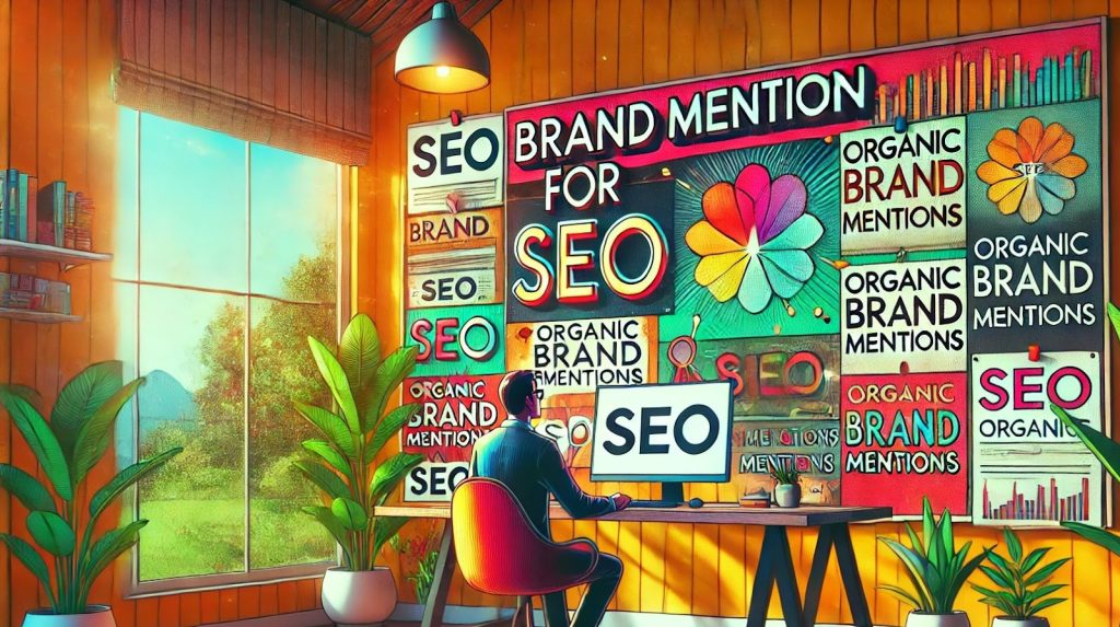 Brand mention for seo and its impact, a person sitting in front of a laptop on a wall filled with SEO and brand mention for seo