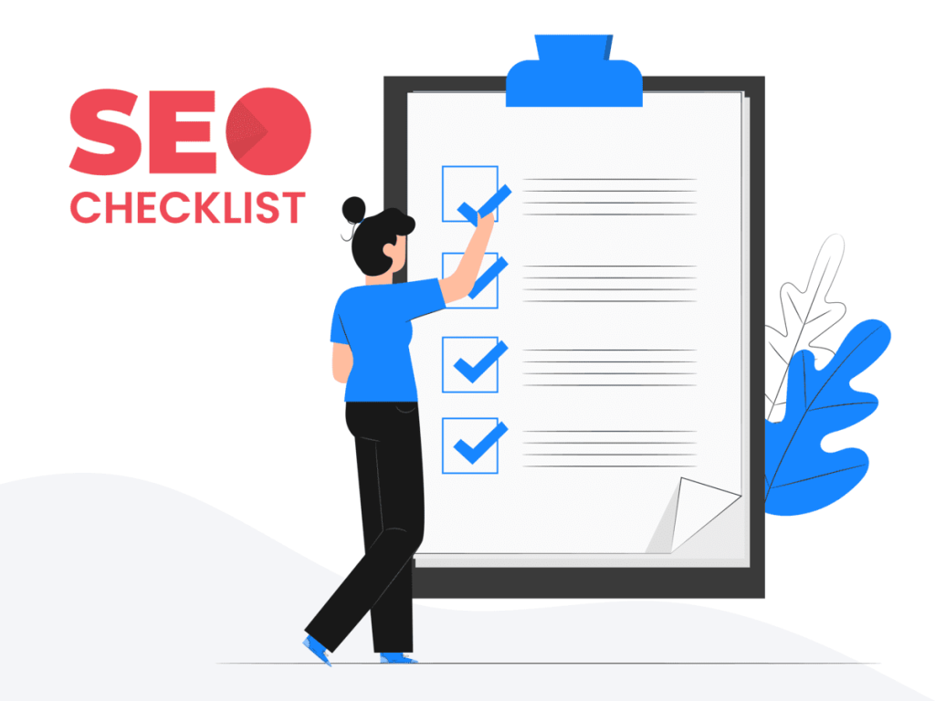 An illustration of a woman presenting a SaaS SEO checklist on a board