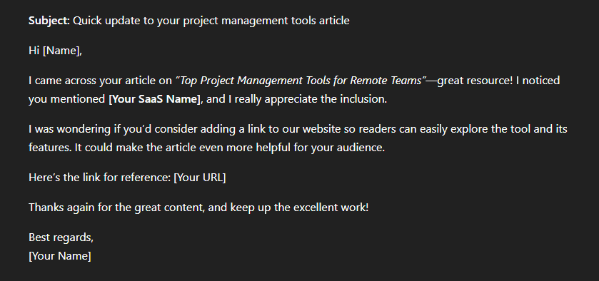 chatGPT link building example message