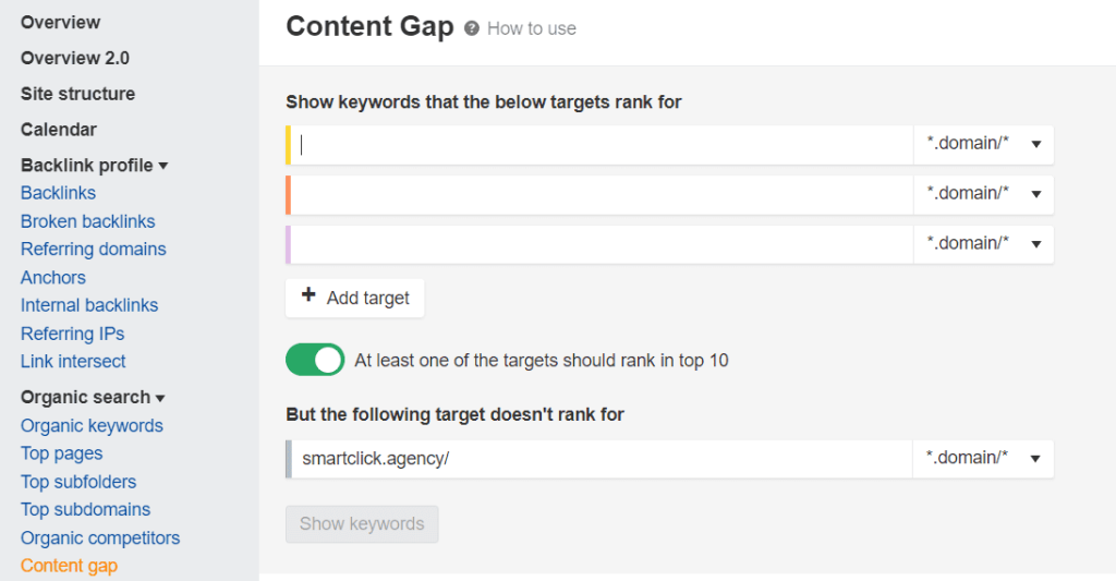 example of content gap analysis Ahrefs
