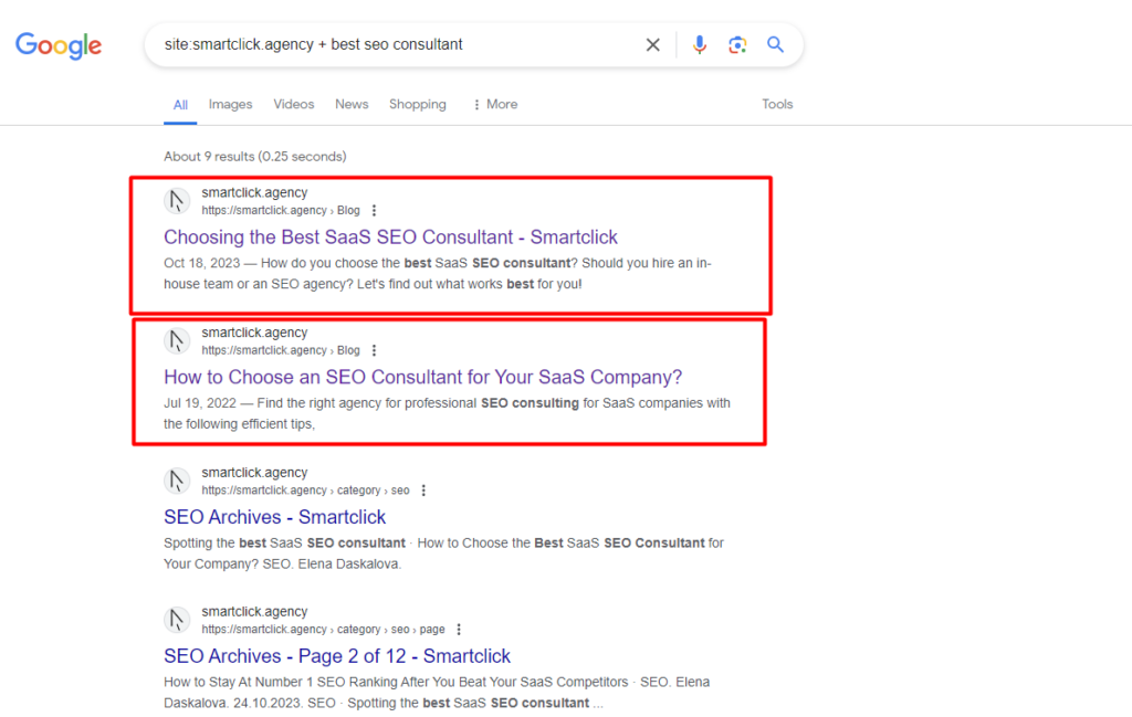 Google Search Results with keyword cannibalization