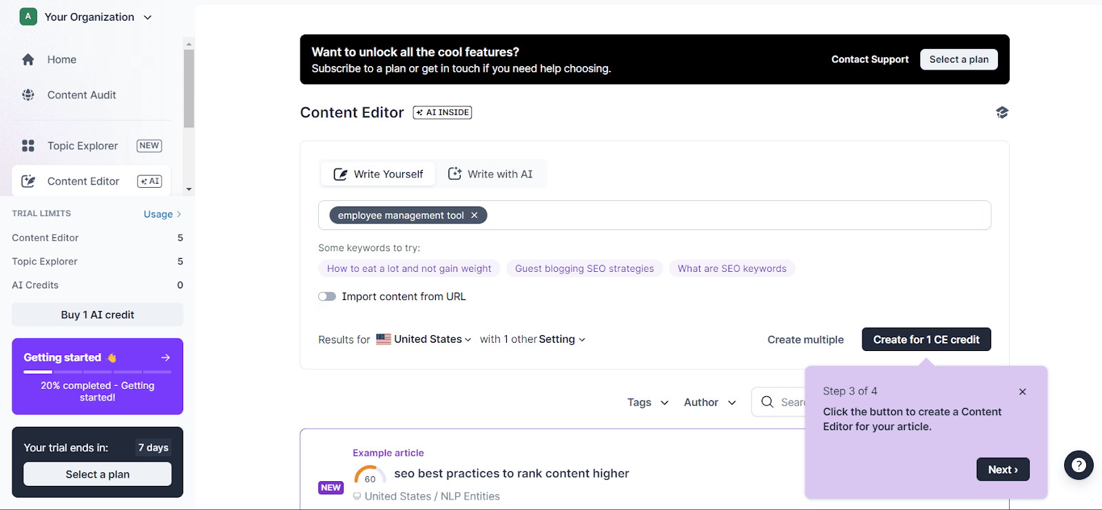 Overview of the Content Editor on SurferSEO.