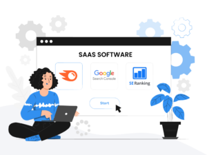 An illustration of a person making a decision what SEO software for small businesses to choose for their small business