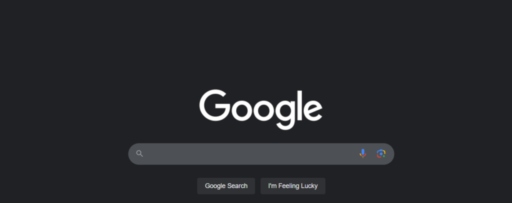 a screenshot of Google homepage in dark mode, showing that the search engine is very important in indexing.