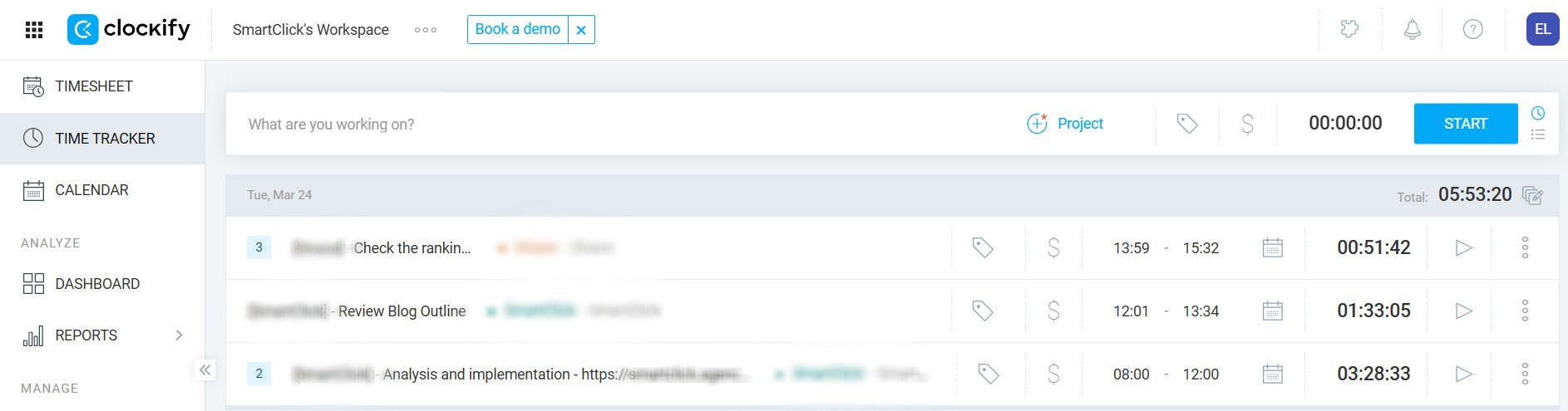 screenshot from Clockify dashboard