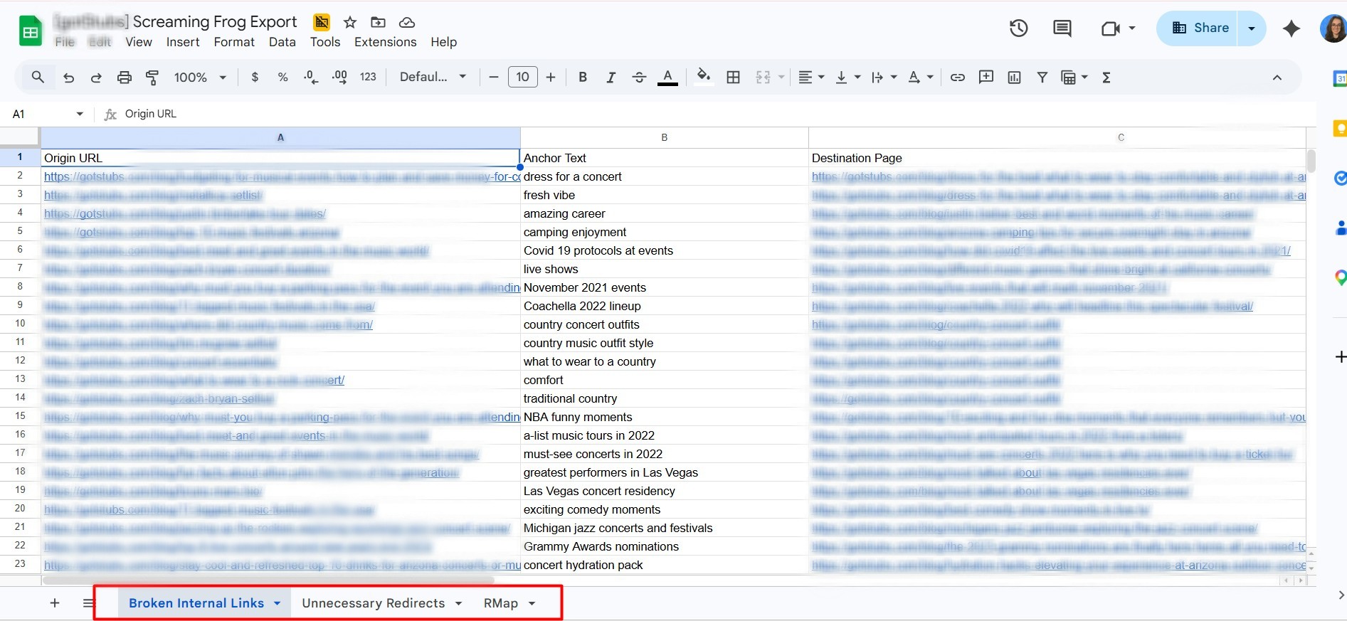 example of Screaming frog export in spreadsheet