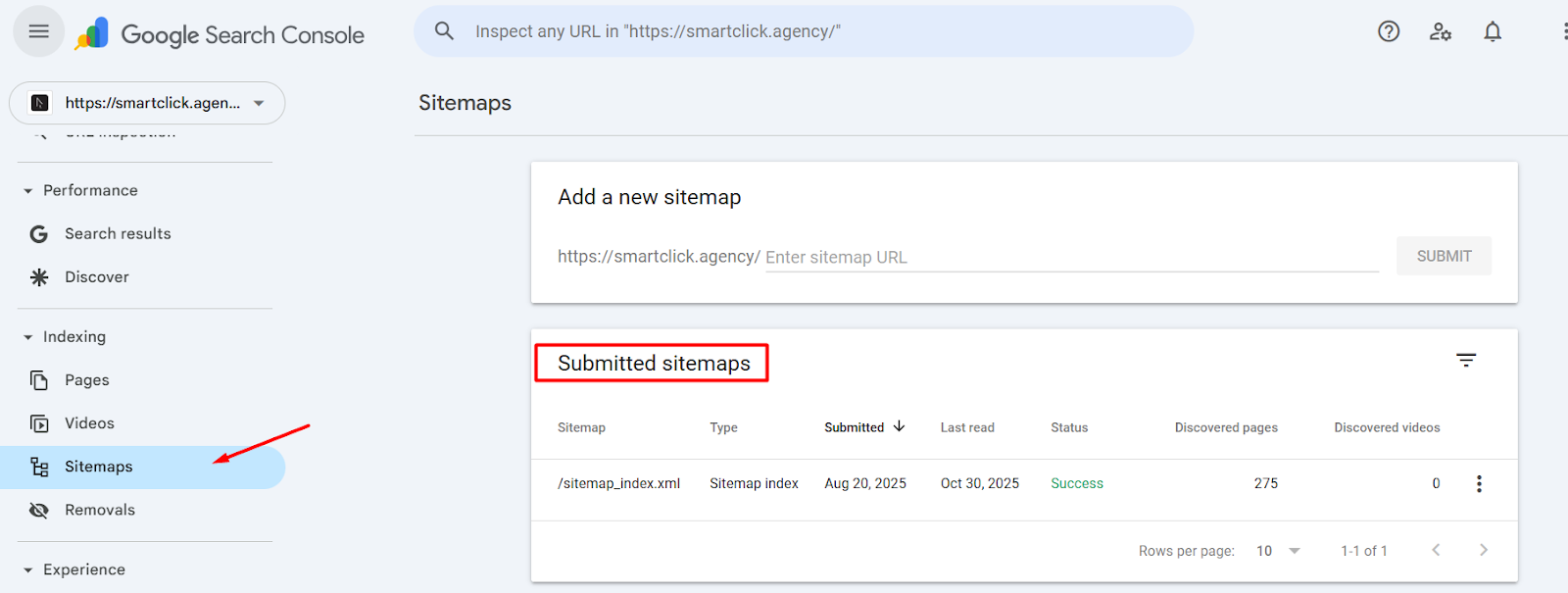 screenshot of GSC on how to find sitemaps