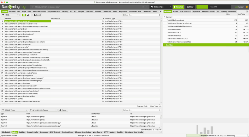 A Screaming frog screenshot showing spider crawl overview after our SEO migration checklist is followed