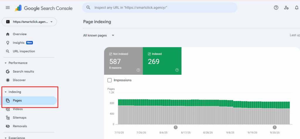 page indexing report generated with GSC after SEO migration