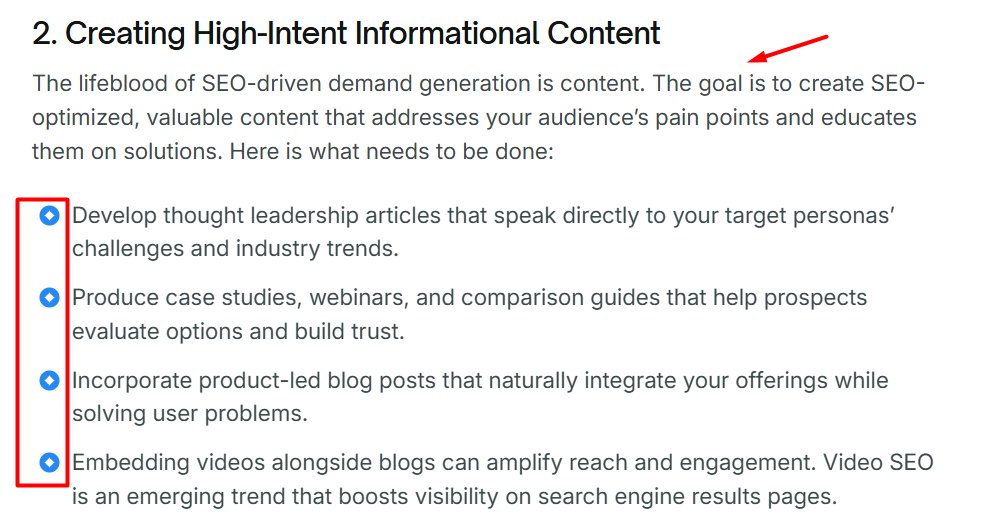 bulleted list in a text