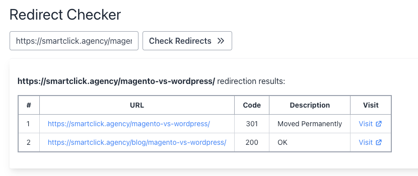 redirect checker screenshot preserving values after seo migration