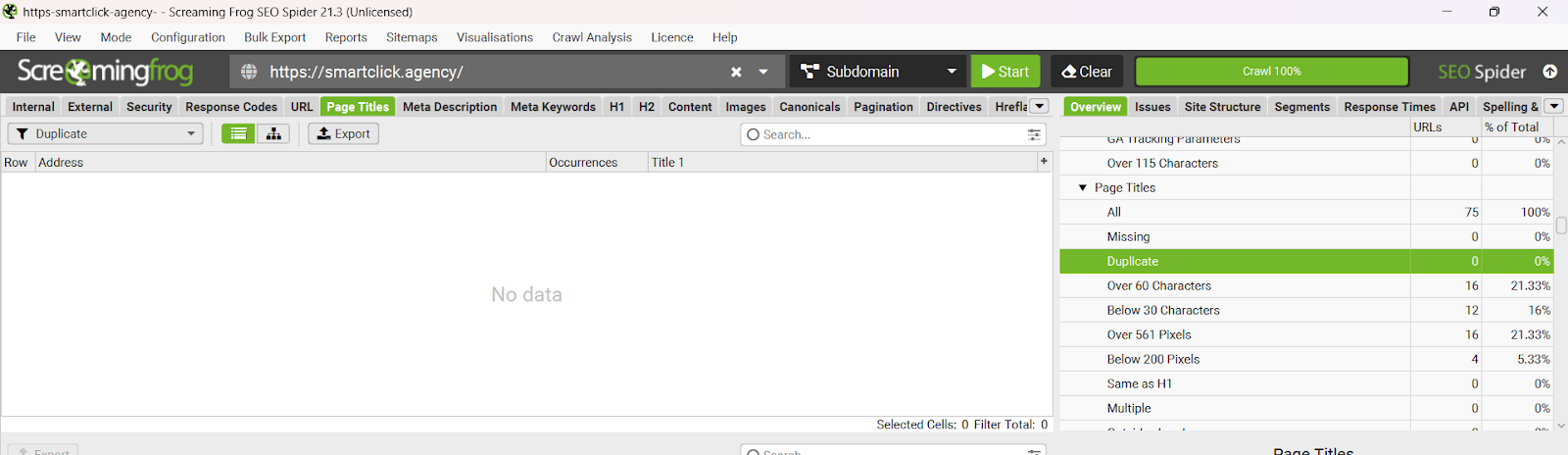 screenshot from screaming frog showing duplicate content
