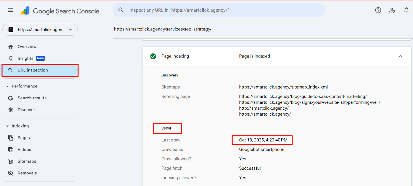 screenshot from GSC showing crawled page