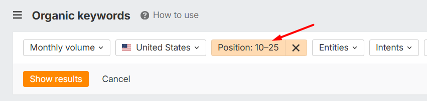 organic keywords position on Ahrefs