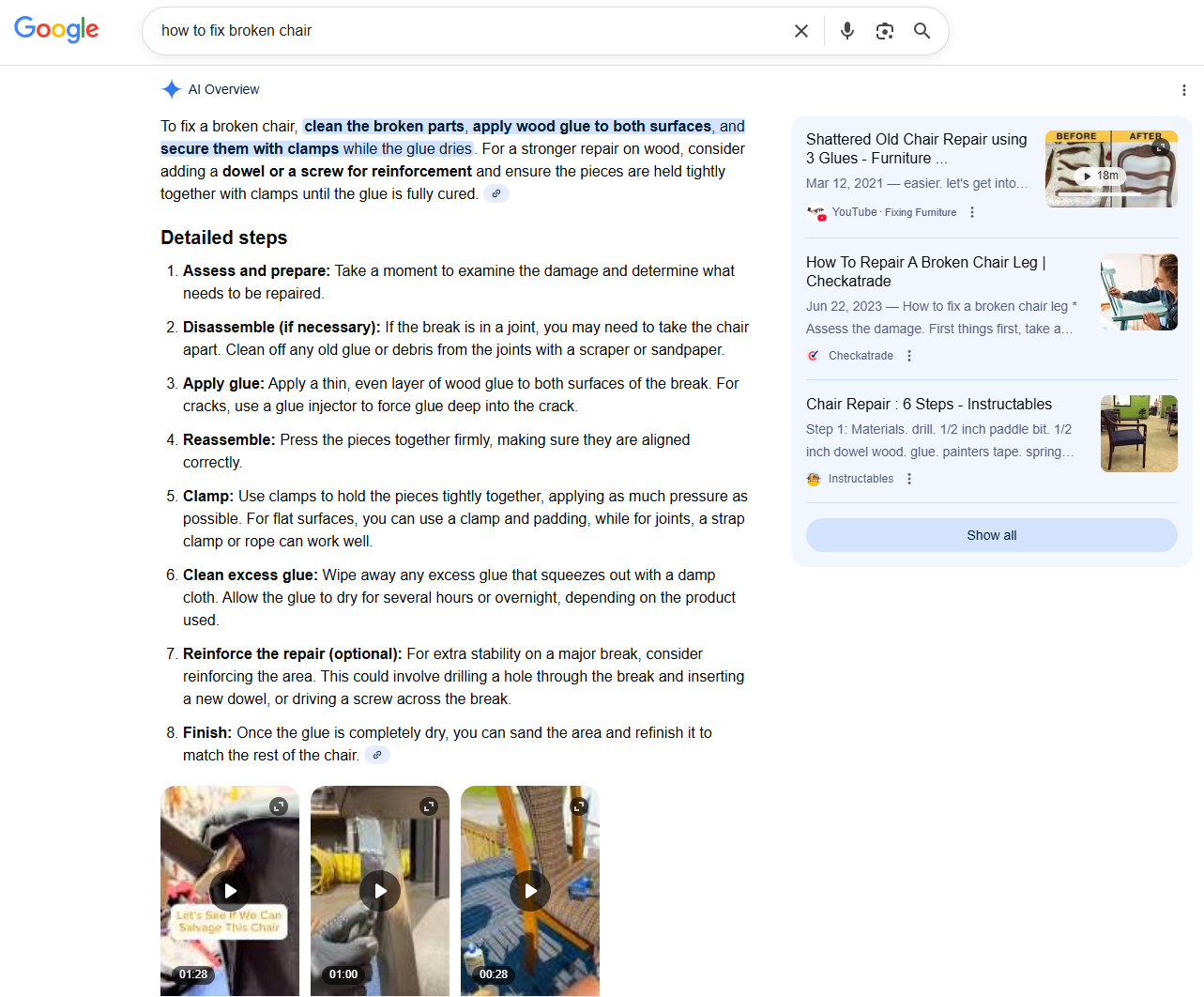 result on Google for a certain query including an AI overview, and a featured snippet