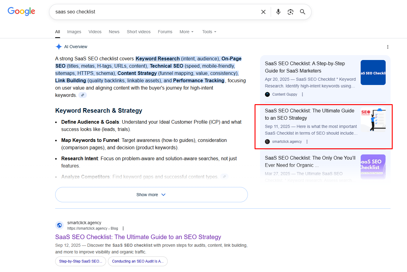image from SERP, showing our listicle blog in a featured snippet for "saas seo checklist".