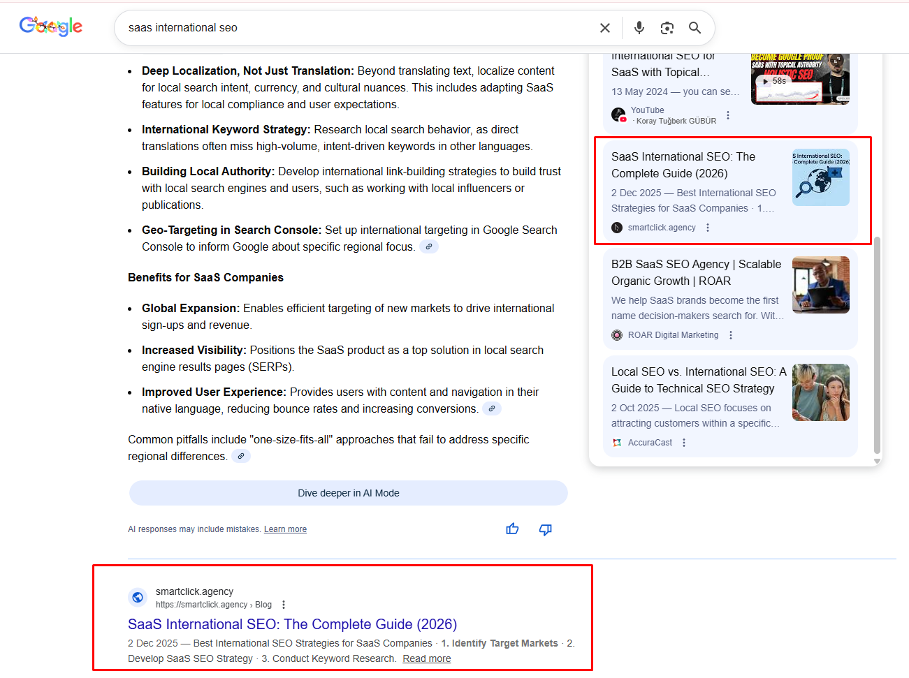 Screenshot of our guide blog, featured in a Google snippet and ranking in the top 3 for "saas international seo".