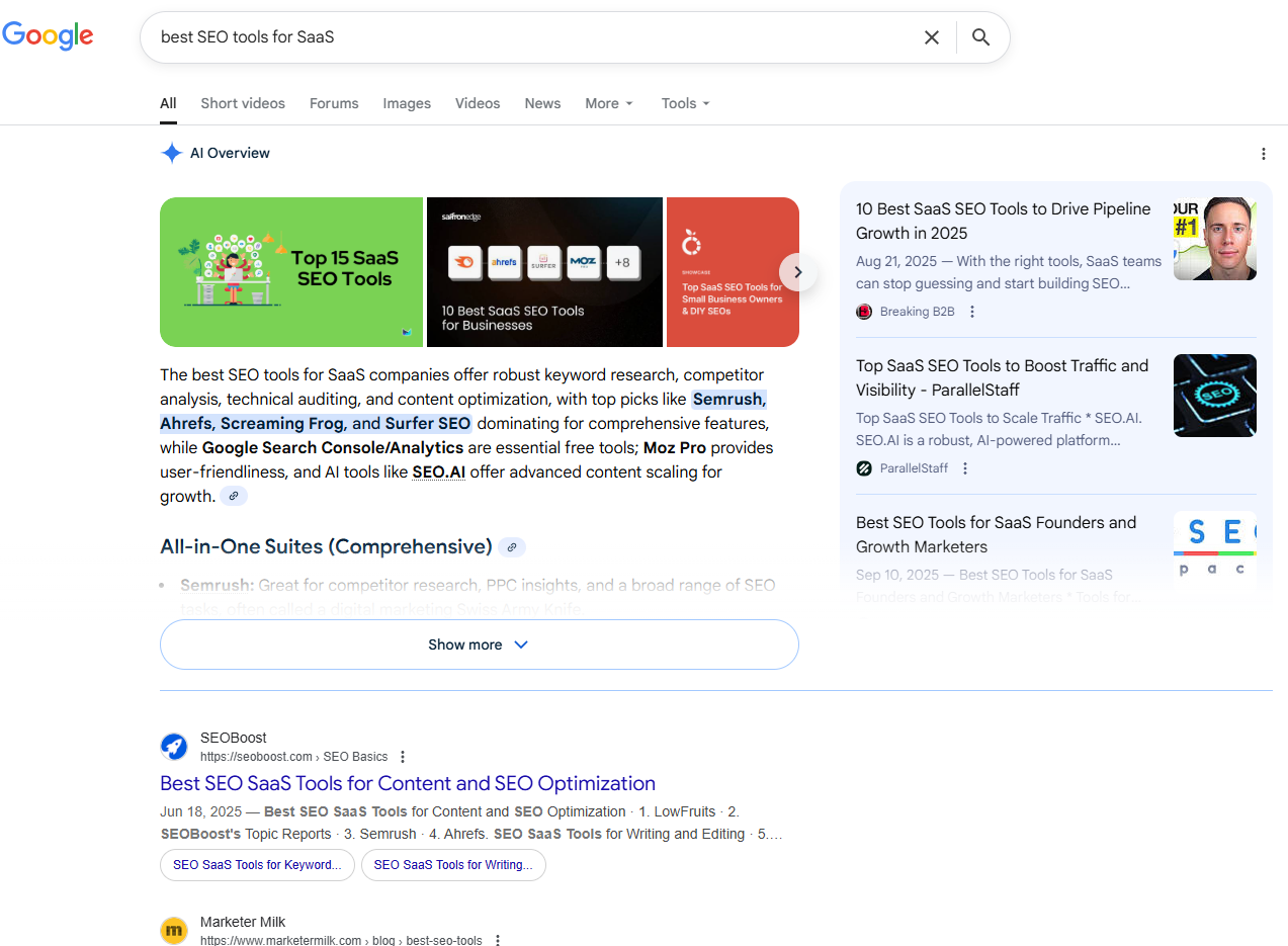 image from SERP for “best SEO tools for SaaS”, showing a listicle-form blogs.
