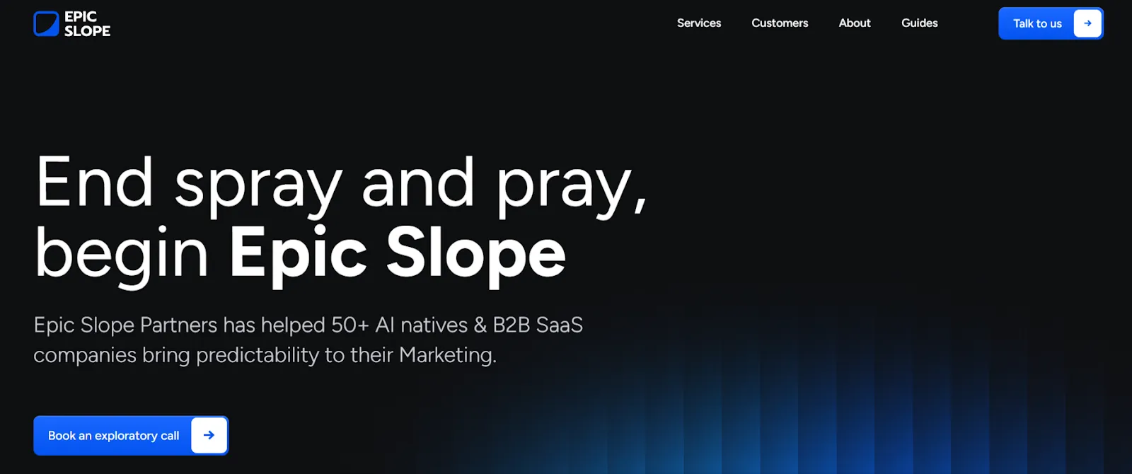 Epic Slope Partners homepage screenshot showing SEO services that helped 50+ AI natives and B2B SaaS companies