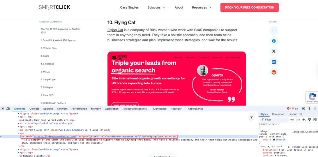 a screenshot of inspect element, how to find the nofollow link in HTML code