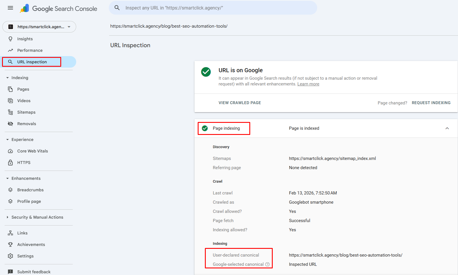 Google Search Console showing the canonical tags checker.