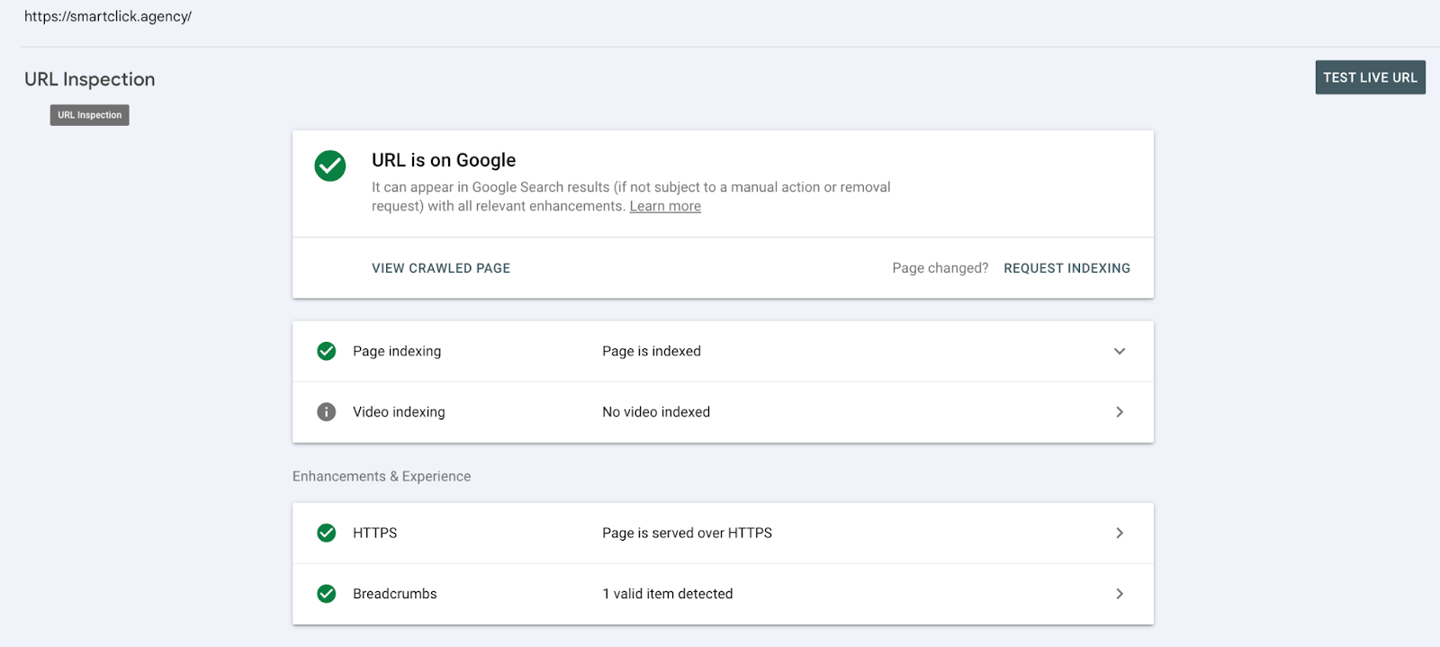A GSC screenshot showing URL inspection: the page is indexed, and the URL is on Google.