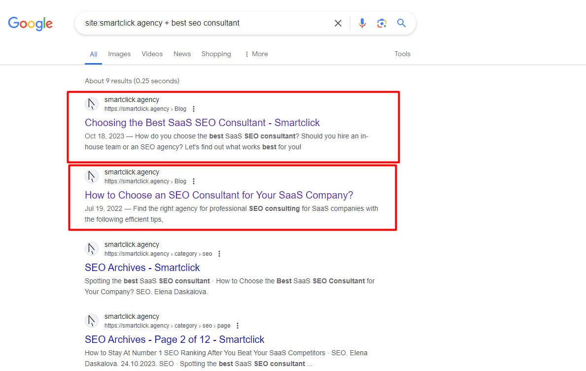keyword cannibalization example from SERP
