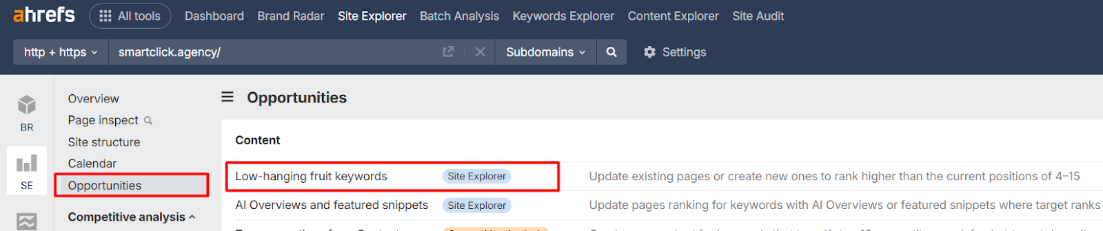 Ahrefs Site Explorer showing how to find low-hanging fruit keywords for content audit for SaaS.