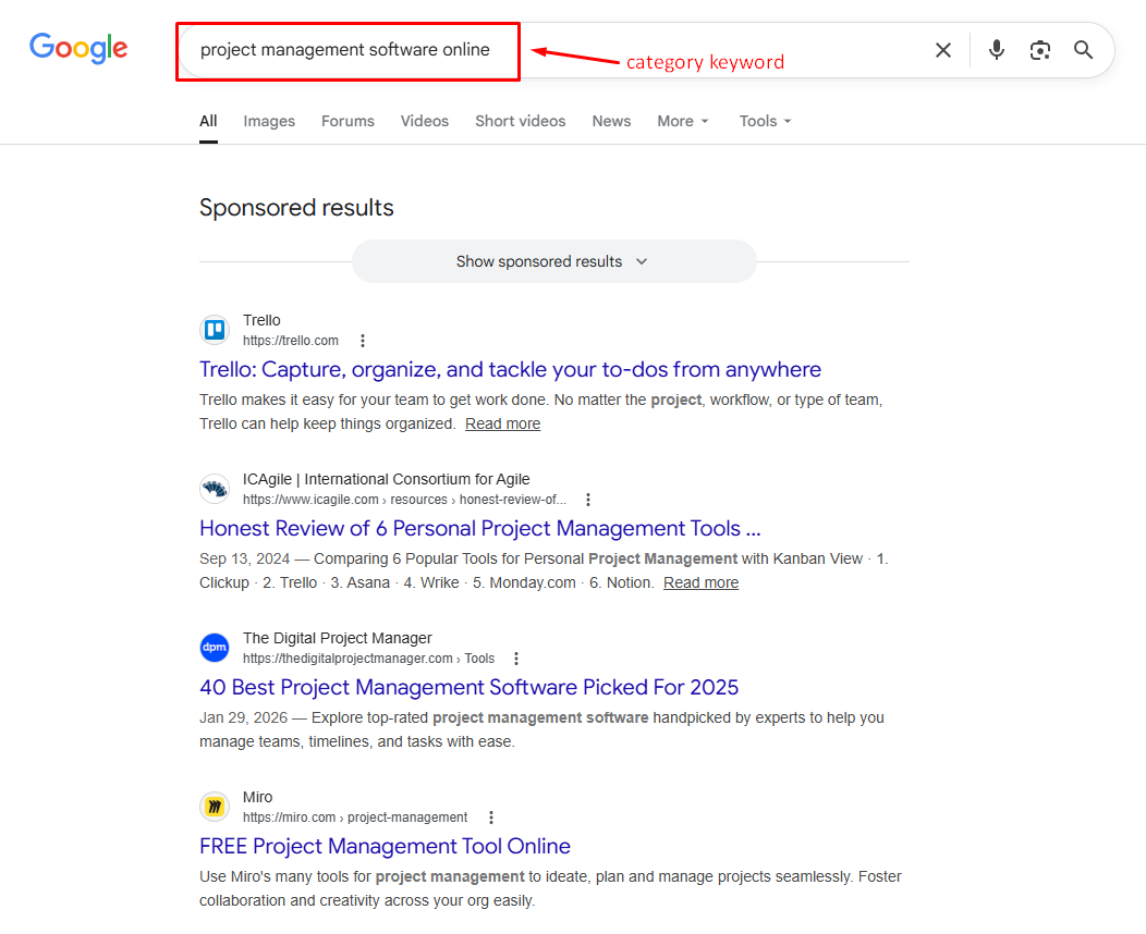 example from SERP for a category keyword