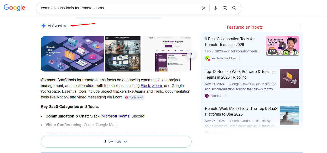 screenshot from SERP analysis including AI overview, featured snippets, top-ranking pages, and PAA