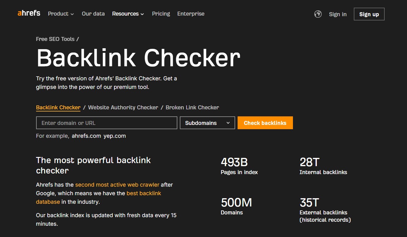 screenshot from Ahrefs backlink checker