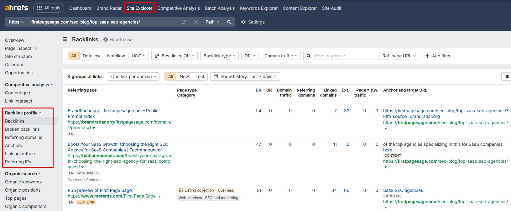 a screenshot from Ahrefs showing backlink profile of a page