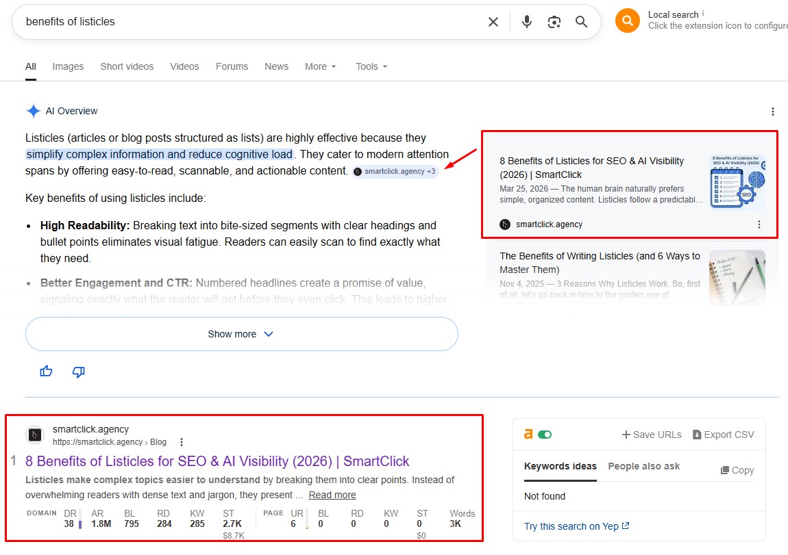 example from SERP, how SmartClick appears in AI Overview under certain query