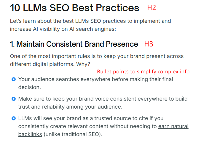 a screenshot showing proper heading hierarchy with bullet points included