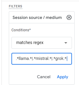 filters to choose for tracking LLMs visibilirty on GA4