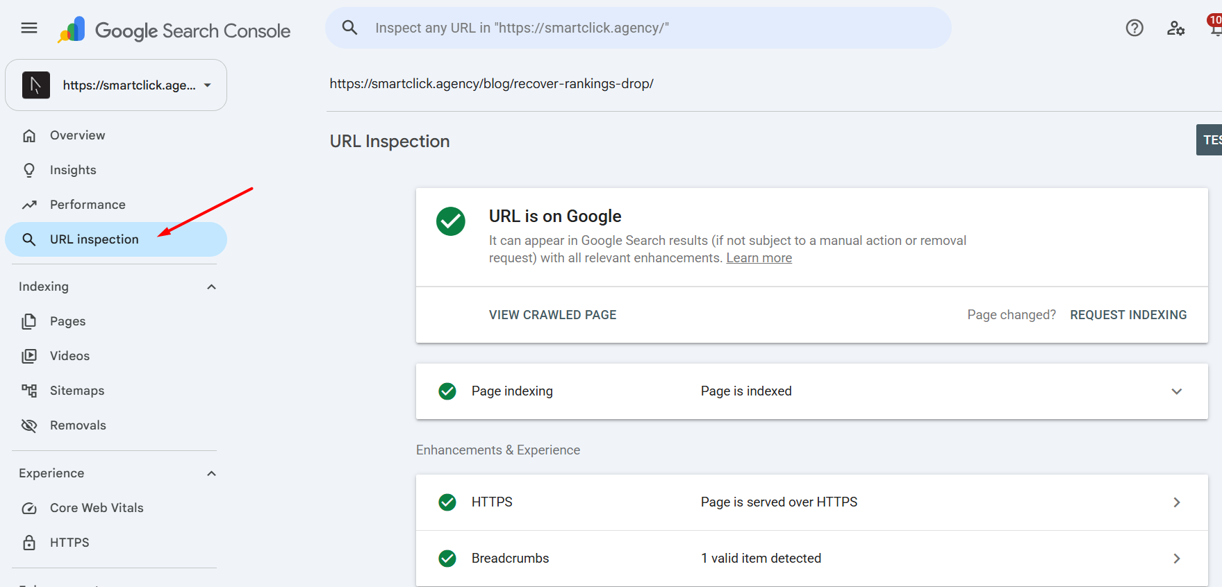 a screenshot from GSC showing how to check if your URL is indexed