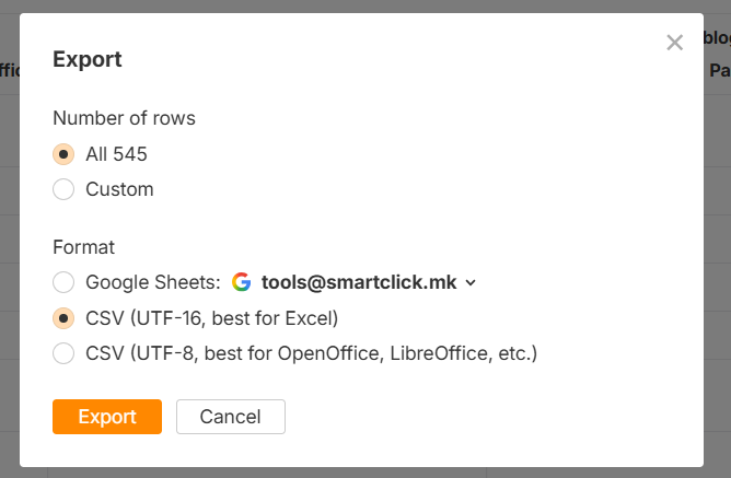 an image showing how to export the relevant keywords from Ahrefs