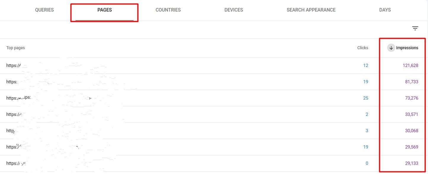 an image from GSC showing how to find pages with the most impressions