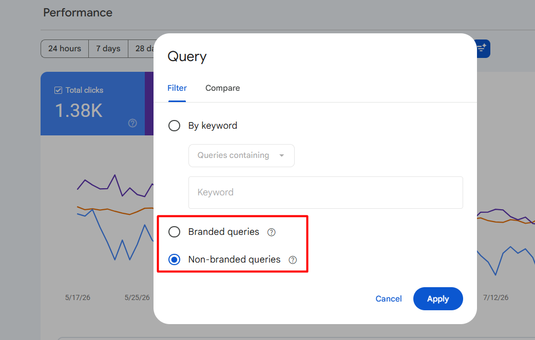 a screenshot from GSC showing how to filter branded and non-branded queries